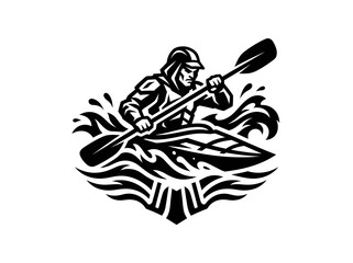 Fototapeta premium Black and White Kayaker Paddling in Rough Water Vector Art