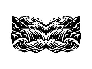 Fototapeta premium Nature Mountain, Waterfall, and Ocean Waves Landscape - Stylized Black White Woodcut Graphic Illustration