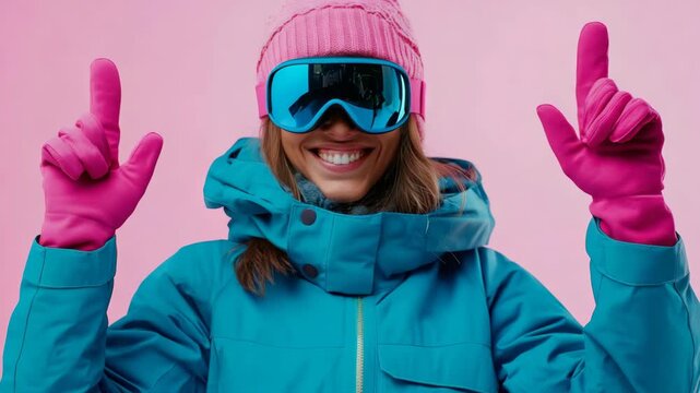 Bright pink gloves point upward. Smiling woman wears ski gear. Blue goggles reflect vibrant hues. Pink hat completes winter look. Joyful pose against solid pink backdrop. Ski jacket features bold