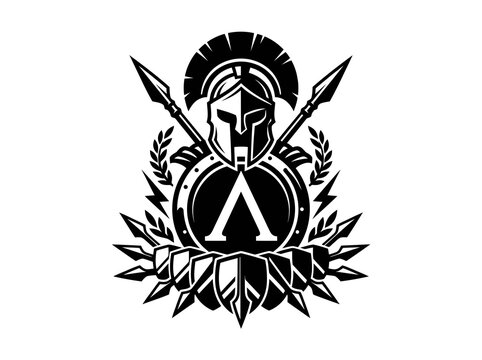 Spartan Warrior Crest Emblem with Helmet, Shield, and Spears  Stylized Black  White Vector for Military History