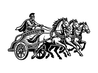 Fototapeta premium Ancient Roman Chariot Race Black and White Line Art Vector