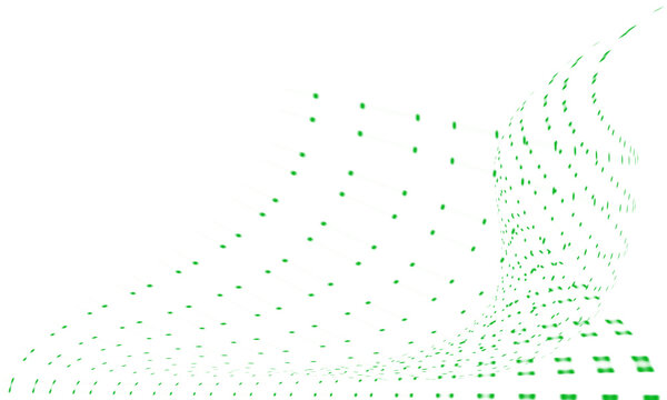 Abstract 3d grid surface with green glowing dots isolated on transparent background