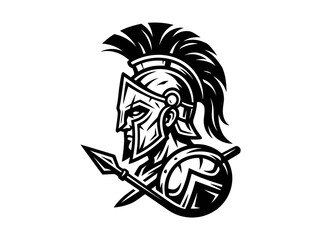 Obraz premium Black White Spartan Warrior Helmet with Spear and Shield - Sports Mascot Line Art Vector Illustration