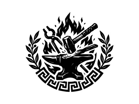 Blacksmith Anvil, Hammer, Tongs  Flames with Laurel Wreath  Greek Key Pattern - Black  White Woodcut Style