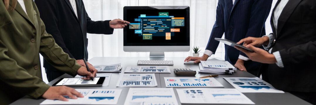 Software development or programming work with coding screen of various programming languages like HTML, , , and C brisk for new application development