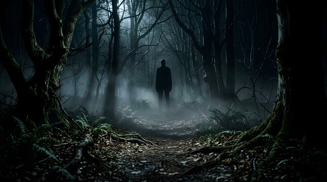 Paranormal Shadow Entity Hidden in a Dark Forest Under Pale Moonlight