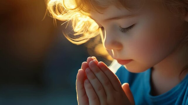 A young child with closed eyes and hands clasped together in prayer pose.