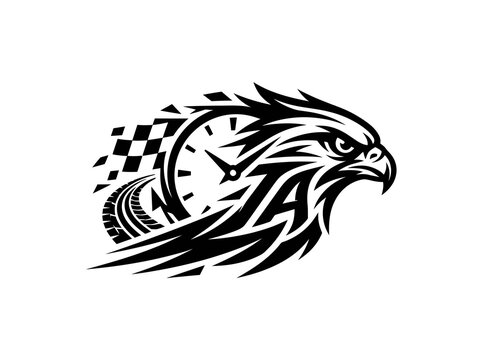 Racing Eagle Emblem with Speedometer and Checkered Flag - Black and White Vector Art