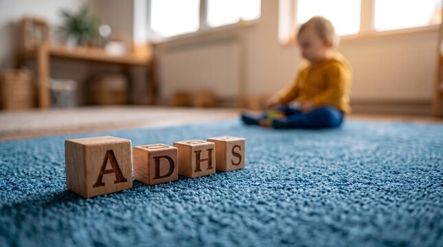 ADHS wooden blocks on carpet with blurred child in background