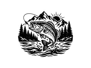 Naklejka premium Dynamic Bass Fishing Scene with Lure, Mountains Trees in Vintage Black White Vector Emblem Style