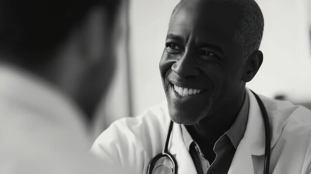 A professional black male doctor wearing a white coat and stethoscope, smiling broadly at the camera while holding a microphone in his hand. The background is blurred, focusing attention on the man.