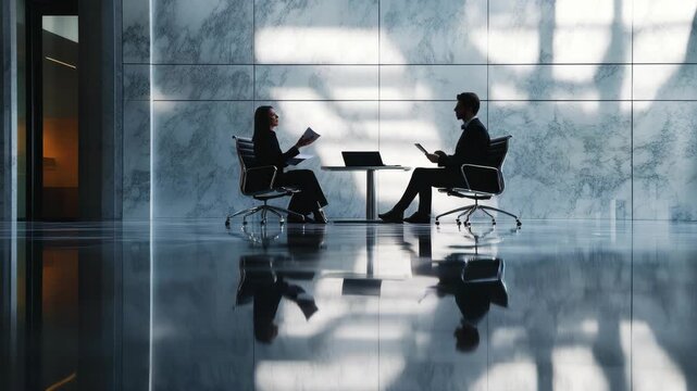 Two people engaged in a discussion during a professional meeting at the office.