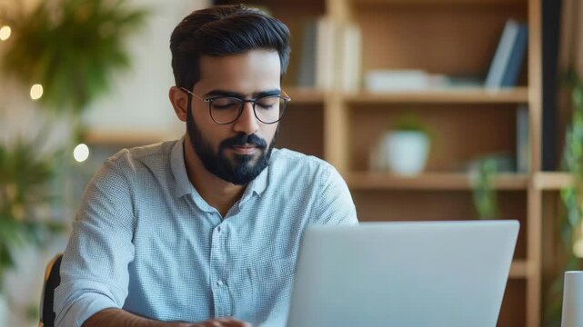 A young man with glasses is focused on his work while sitting at a desk using a laptop computer.