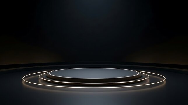 A modern virtual television set with a sleek illuminated podium for professional product presentation and broadcast media showcase in dark studio background