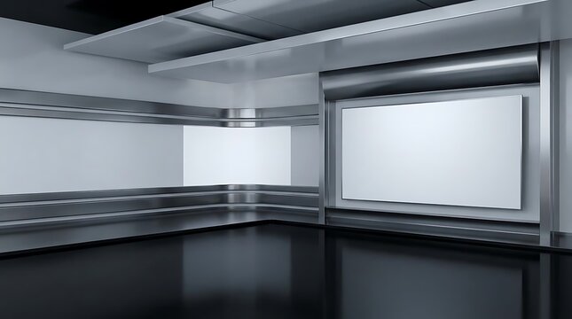 A modern virtual television set design featuring a sleek metallic studio environment with blank digital screens for professional news broadcasting backdrop.