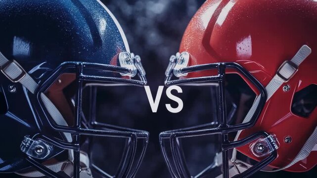 High-resolution of two football helmets facing each other, with a dramatic background that emphasizes the competitive spirit and protective gear in the sport.