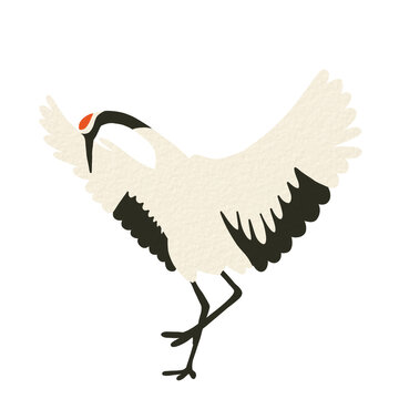 Traditional Korean red-crowned crane bird with spread wings and canvas texture, oriental Asian animal folk art clipart PNG for New Year and postcard design