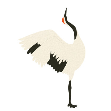 Traditional Korean standing red-crowned crane bird with canvas texture, oriental Asian animal folk art clipart PNG for New Year and postcard design