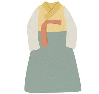 Traditional Korean women Hanbok dress with yellow Baeja vest and green Chima skirt, canvas textured Asian costume clipart PNG for cultural design
