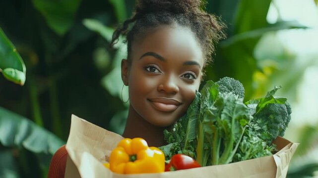 A woman in an outdoor setting holding a bag of fresh vegetables with a smile on her face. She appears healthy and proud.
