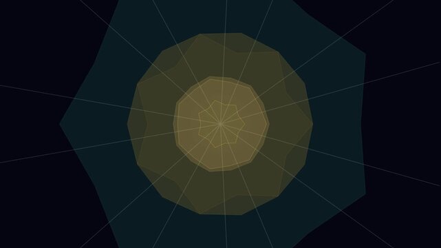 Geometric polygon shapes create a symmetrical mandala pattern with glowing lines radiating outward from the center.