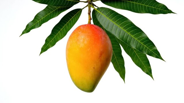 Ripe mango fruit hanging from a branch with green leaves against a white background.