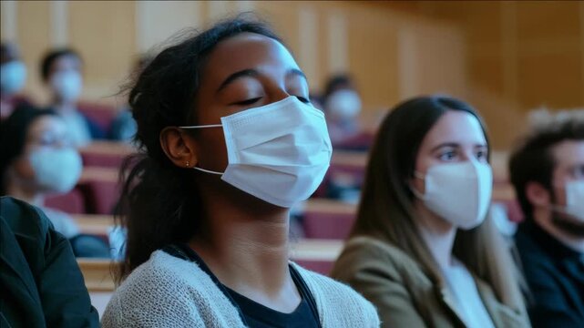 Young woman wears mask in lecture hall. She listens attentively, eyes upward. Other students sit behind, masked. Warm wood tones frame the setting. Focus on her expression and posture
