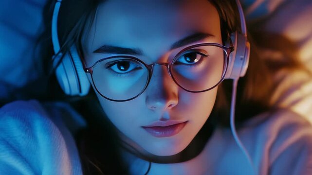 Close-up of a woman wearing headphones, lying down on bed at night, focused on sound coming through them.