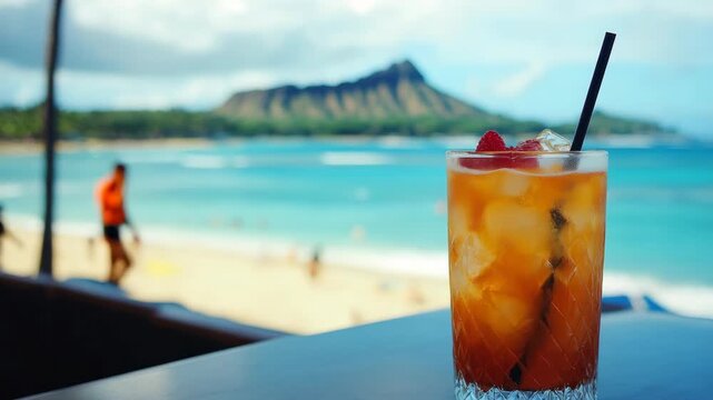 Tropical drink with ice and fruit sits on a table. Beachgoers enjoy sun and sea in the background. Hawaiian mountain rises behind turquoise waters. Sky shows soft clouds above calm ocean