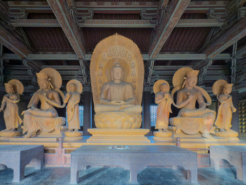 Buddhist statues in ancient temple hall at Dantong China