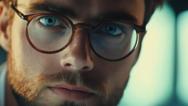 A thoughtful male looking down with glasses on.