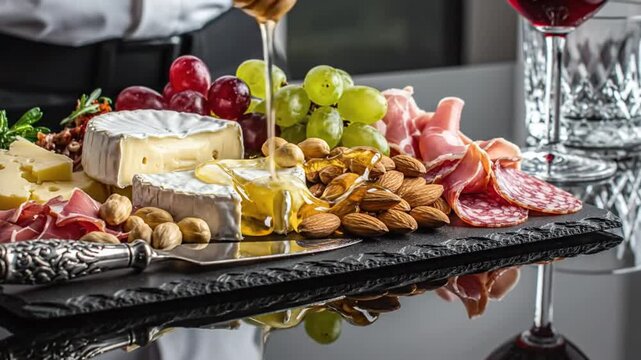 Gourmet charcuterie board featuring artisanal cheese, cured meats, grapes, and almonds with honey drizzling