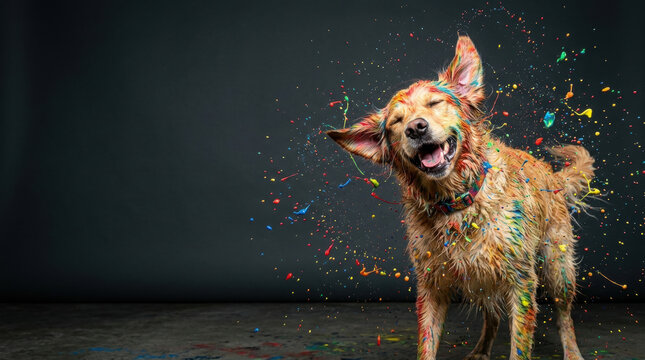 Happy golden retriever dog shaking off colorful paint splatters representing joyful pet lifestyle, messy creative play, and vibrant animal energy.