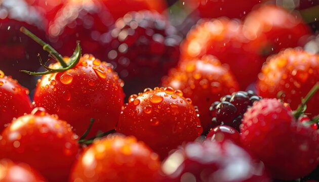 Freshly Washed Red Berries with Water Droplets Close-Up.
