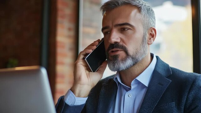 Man with grey beard and suit talking on cell phone indoors.