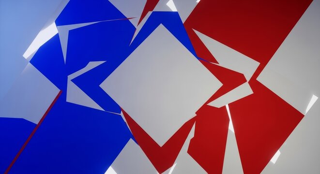 Abstract cubism artwork displays fractured silhouettes of overlapping squares and triangles in royal blue and dark red on light gray tones, design, cubism, abstract