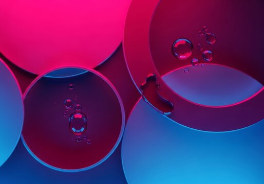 Abstract dark-synth geometry featuring overlapping circles with sharp edges, neon magenta-red and blue tones, and glossy fluid droplets, design, artistic, symmetry