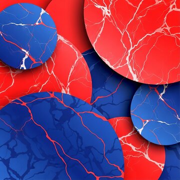 Abstract geometric composition featuring overlapping circles filled with fluid red and blue marbling patterns and organic vein textures, macro, vessel, circles