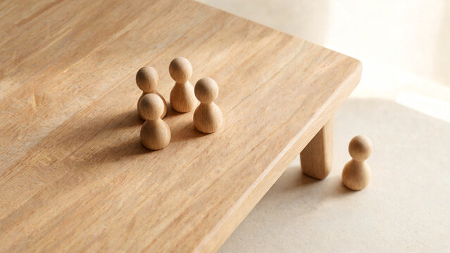 Plain wooden game pieces on a board with one piece placed outside