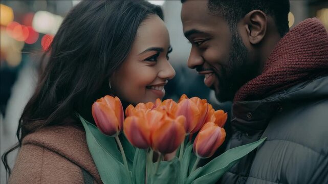 Warm smiles share a tender moment. Tulips glow in soft, golden hues. Urban lights blur in the background. Close-up captures intimacy and joy. Natural, candid expression of affection