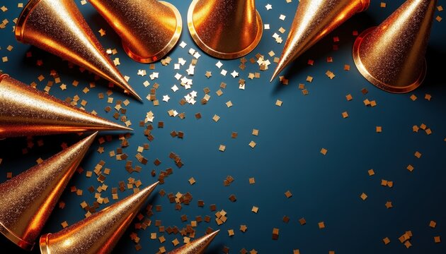 Golden party hats and confetti on dark blue background for festive celebration. Golden party hats are arranged with scattered confetti for joyful atmosphere. Concept for birthday party decoration.