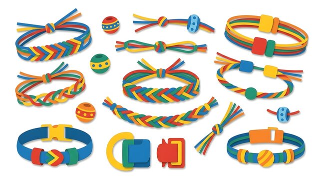 Collection of colorful braided bracelets and beads for a National Friendship Day craft project.