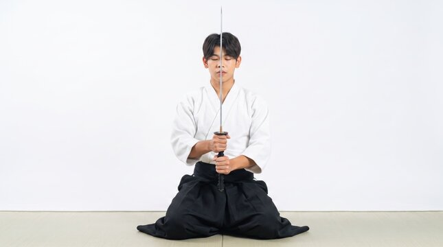 Young martial artist meditating in seiza position holding katana sword upright, practicing zen focus and mental discipline in traditional japanese dojo setting with white