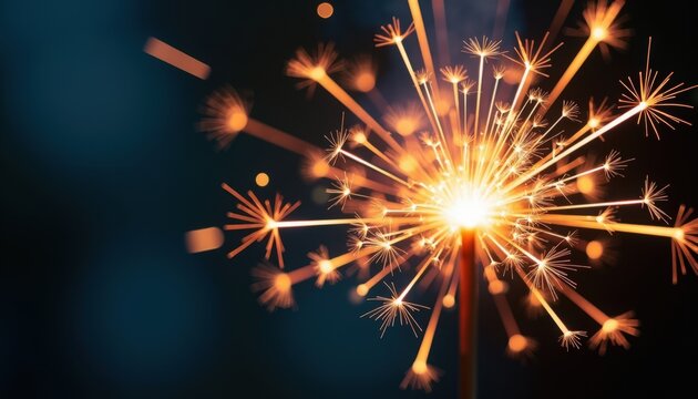 Sparkler shining brightly with glowing sparks in dark background. Sparkler creates festive atmosphere with bright lights, perfect for celebrations and gatherings. Concept sparkler for holiday events.