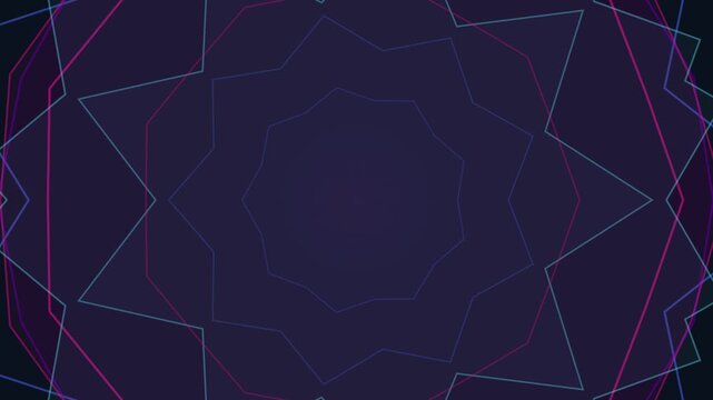 Dark purple geometric background featuring glowing blue and pink neon lines forming abstract polygonal shapes and a central octagon.