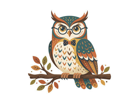 A charming illustration of a wise owl wearing glasses and a bow tie, perched on an autumn branch.
