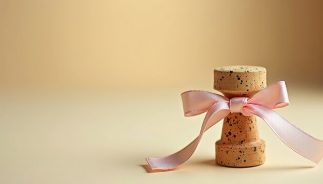 Cork with pink ribbon on beige background for celebration gift. Cork features unique texture and simple design, elegantly embellished with soft pink satin ribbon.