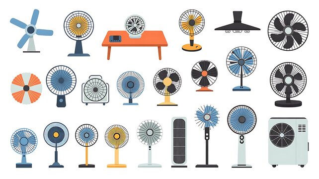 A comprehensive collection of various electric cooling fans and ventilation equipment icons in a flat vector design style
