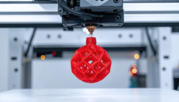 3d printer red ornament christmas decoration geometric design plastic material additive manufacturing modern technology holiday concept industrial machine creative craft Modern Christmas concept