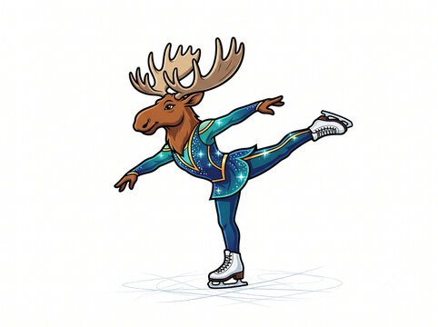 Graceful Anthropomorphic Moose Figure Skater Performing on Ice